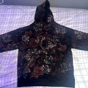Custom Made All Over Leaf/Woods Print Black Hoodie, Brown and White Leaves